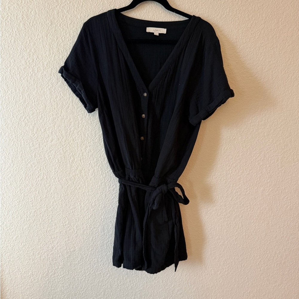 LOFT Black Short-Sleeve Button Romper with Tie Waist